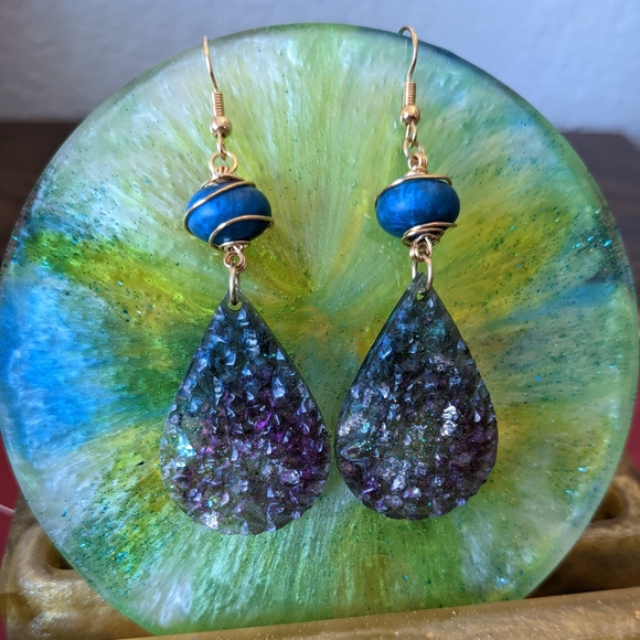 Hand Crafted Jewelry - Earrings Sparkly Druzy Resin Teardrop Bead Wire Wrap Cute Handmade Art Dangly